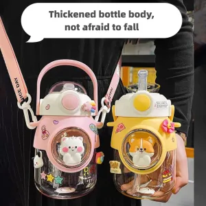 LEJN 28 oz Water Bottle Kawaii with Adjustable Shoulder Strap for Summer Cold Water Chill Portable Leakproof BPA-free Cartoon Children Cup Traveling Hiking Camping (Yellow820ml)