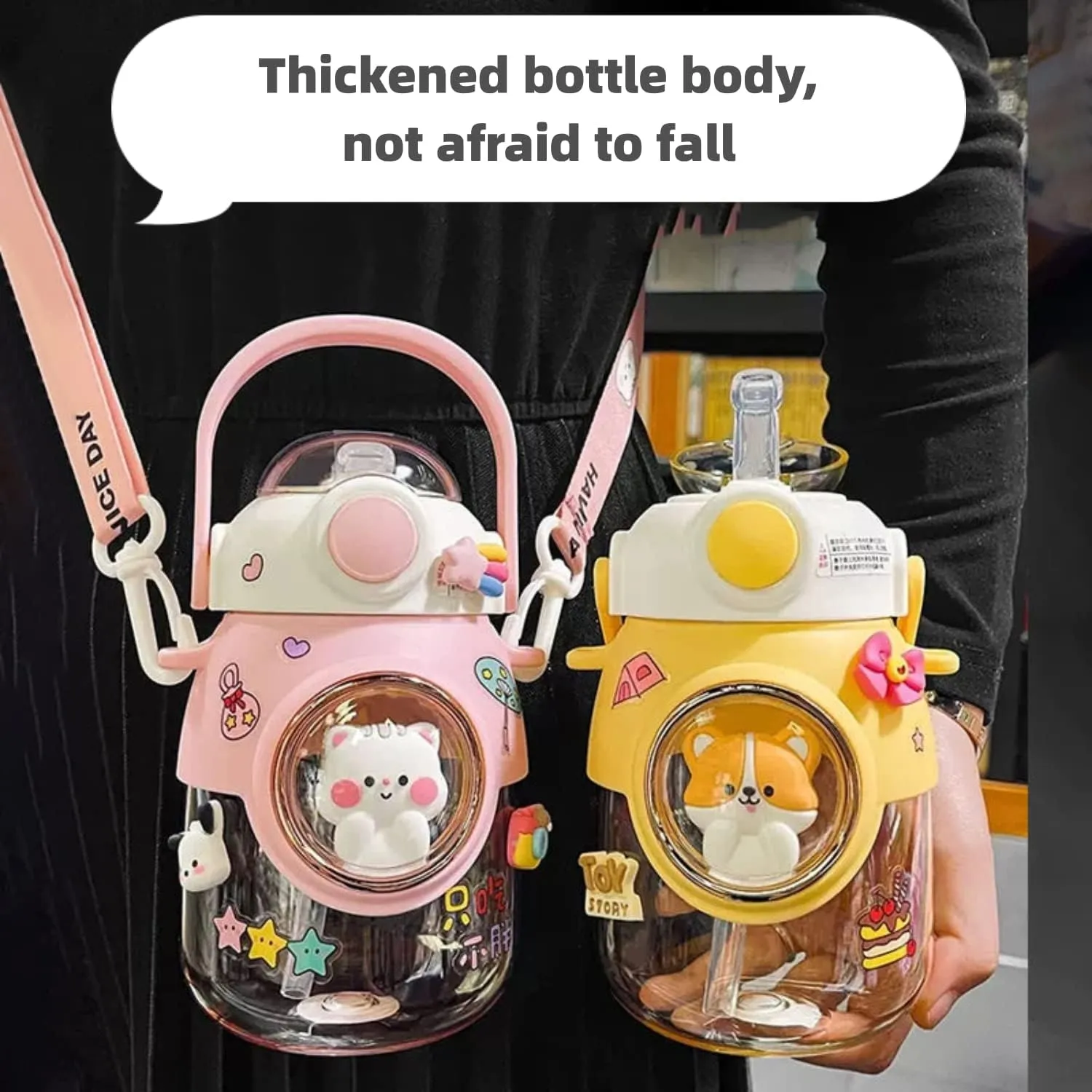 LEJN 28 oz Water Bottle Kawaii with Adjustable Shoulder Strap for Summer Cold Water Chill Portable Leakproof BPA-free Cartoon Children Cup Traveling Hiking Camping (Yellow820ml)