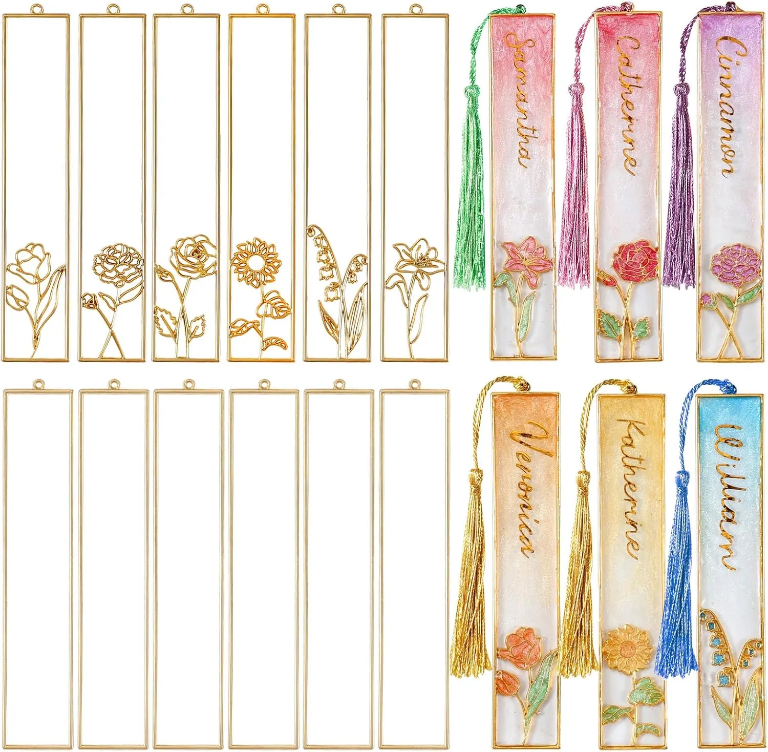 LET'S RESIN 12pcs Bookmark Bezels for Resin with Tassels, UV Resin Molds for DIY Bookmarks(6 Flowers and 6 Blank Frames), Resin Craft Bezels Bookmark Molds for Mother's Day Gifts