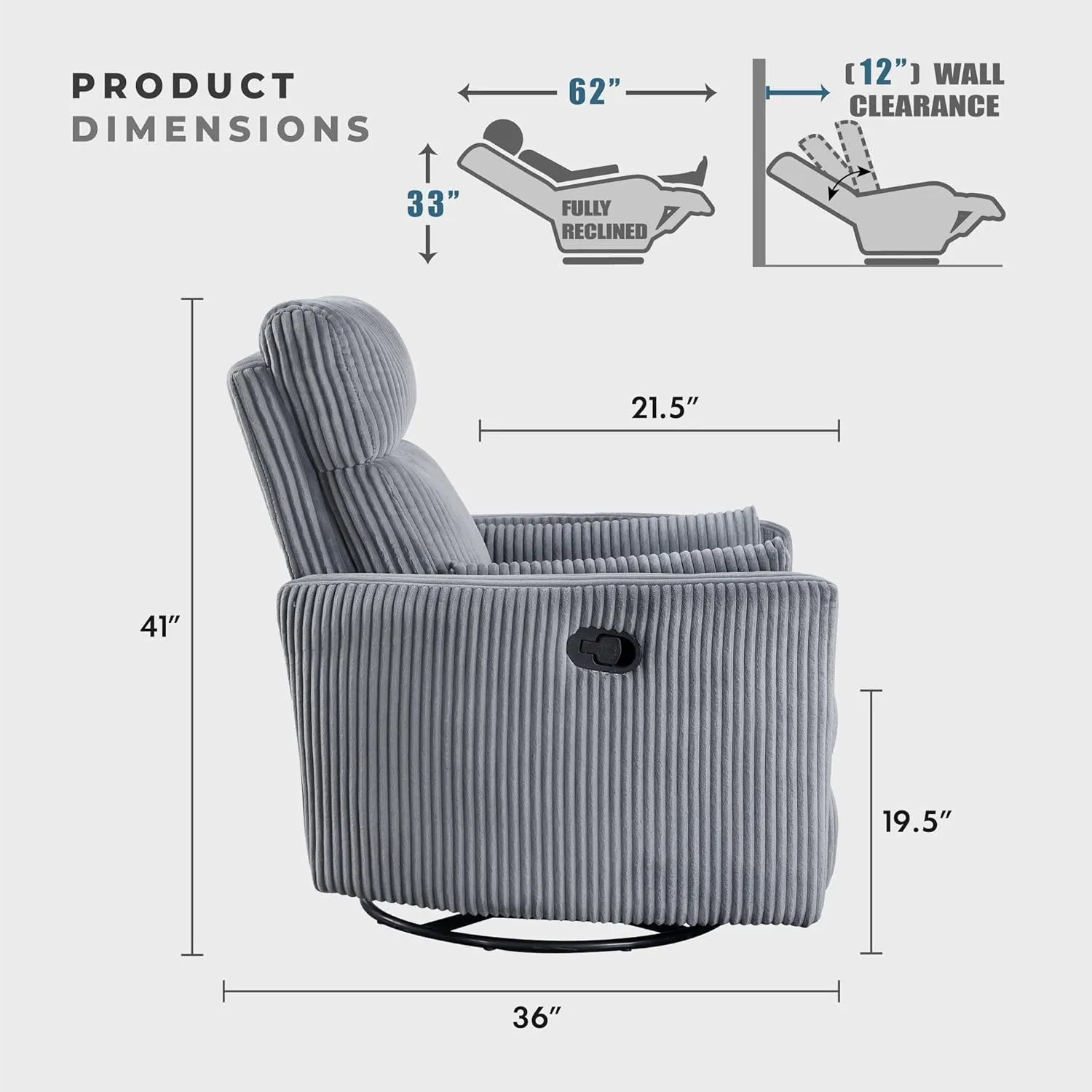 Lexicon Modern Swivel Glider Recliner Chair, Nursery Glider, Corduroy Fabric Upholstery Recliner with 2 Lumbar Pillows, Manual Reclining Sofa Chair for Living Room/Office/Apartment, Grey