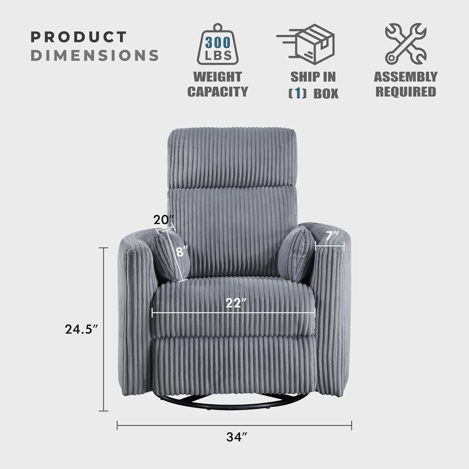 Lexicon Modern Swivel Glider Recliner Chair, Nursery Glider, Corduroy Fabric Upholstery Recliner with 2 Lumbar Pillows, Manual Reclining Sofa Chair for Living Room/Office/Apartment, Grey