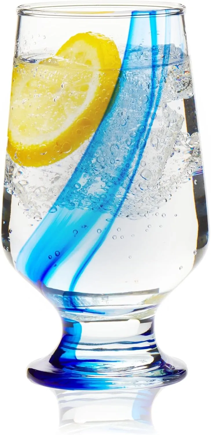 Libbey Blue Ribbon Goblet Glasses, Unique Blue Water Goblets Set of 8, Thick Stemmed Water Glasses for Sodas & Cocktails