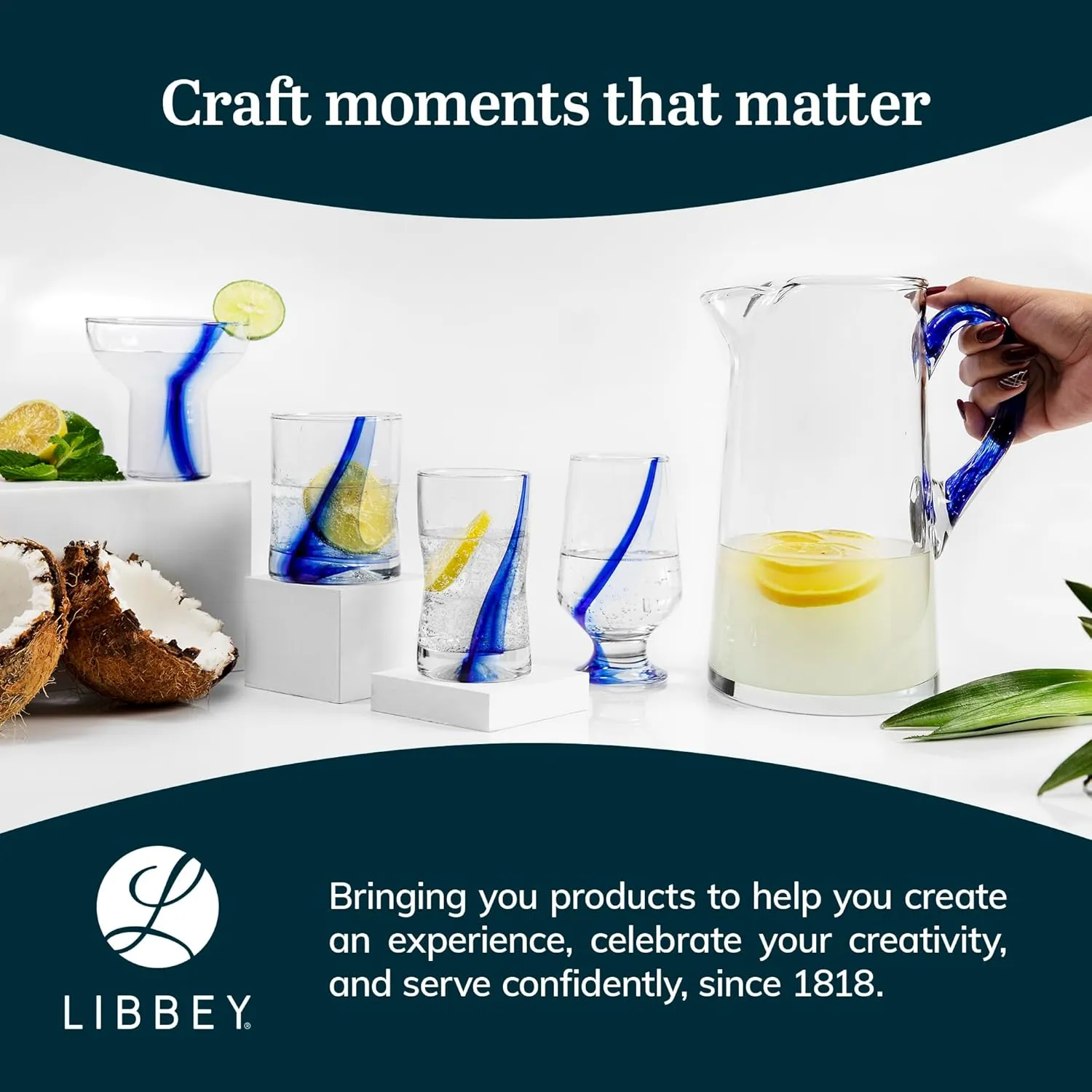 Libbey Blue Ribbon Goblet Glasses, Unique Blue Water Goblets Set of 8, Thick Stemmed Water Glasses for Sodas & Cocktails