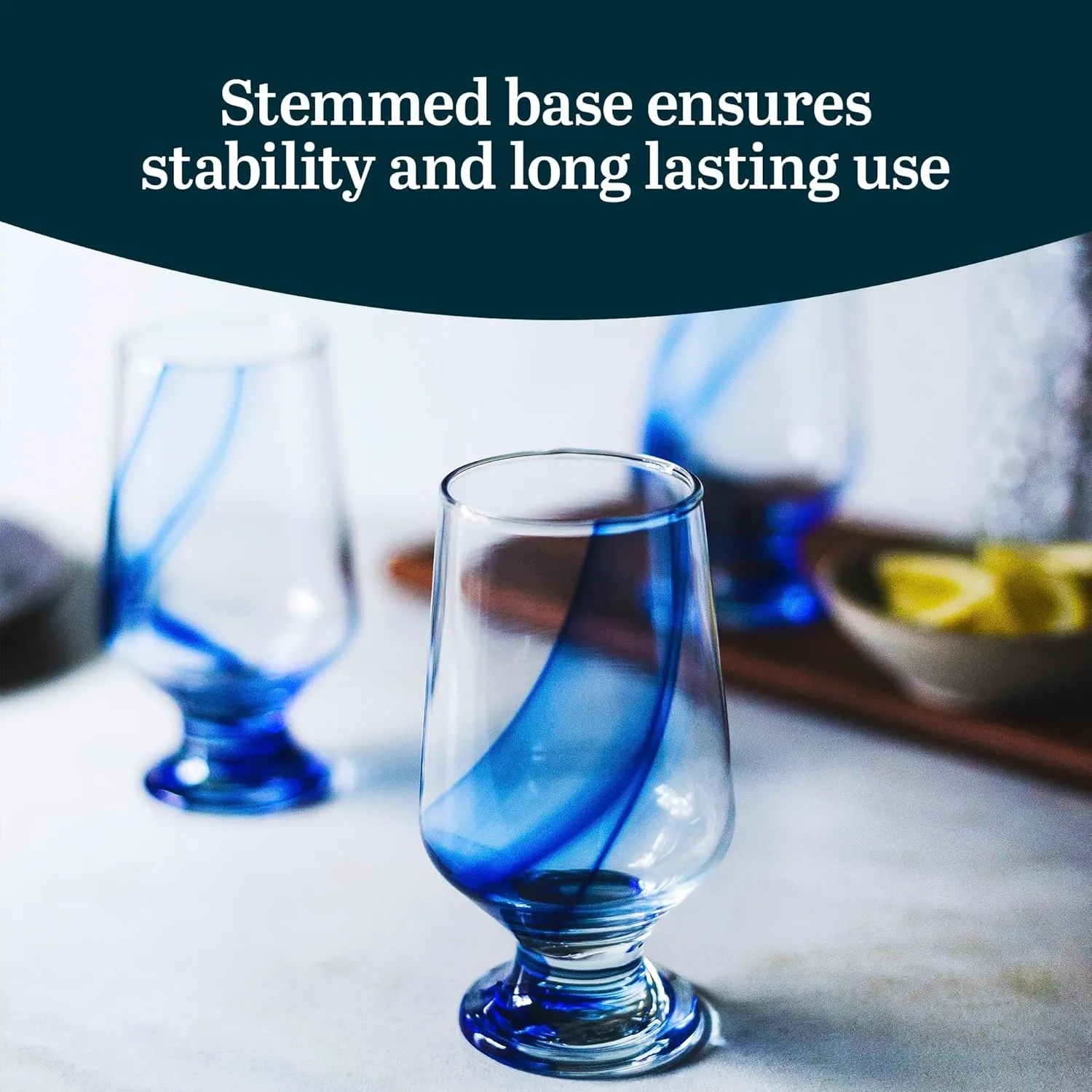 Libbey Blue Ribbon Goblet Glasses, Unique Blue Water Goblets Set of 8, Thick Stemmed Water Glasses for Sodas & Cocktails