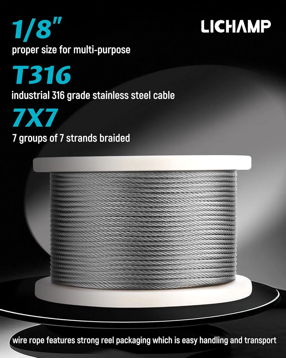 Lichamp 350FT 1/8 Stainless Steel Wire Rope Cable, Aircraft 316 SS Braided Steel Wire Thin Metal Cable Hardware for Deck Railing Handrail Safety System, SSC350
