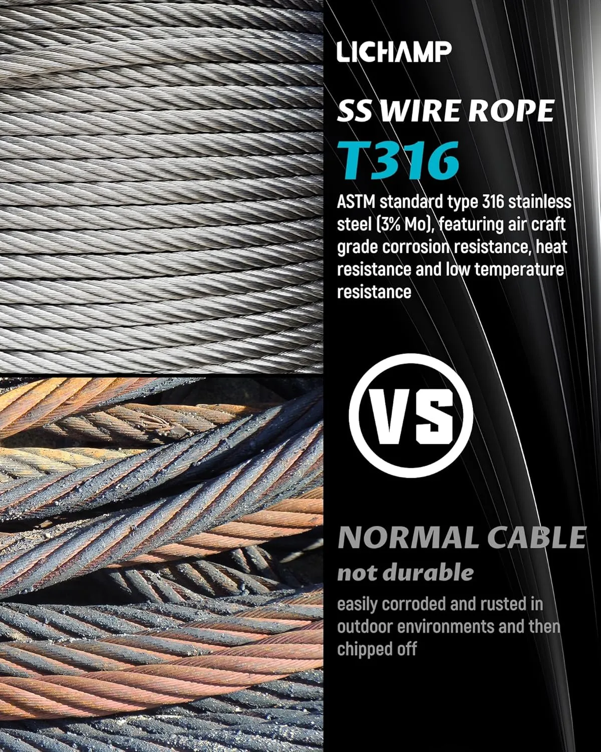 Lichamp 350FT 1/8 Stainless Steel Wire Rope Cable, Aircraft 316 SS Braided Steel Wire Thin Metal Cable Hardware for Deck Railing Handrail Safety System, SSC350