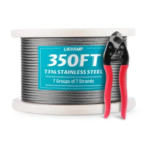 Lichamp 350FT 1/8 Stainless Steel Wire Rope Cable, Aircraft 316 SS Braided Steel Wire Thin Metal Cable Hardware for Deck Railing Handrail Safety System, SSC350