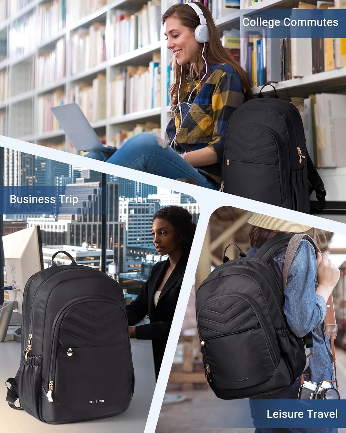 LIGHT FLIGHT 17.3" Laptop Backpack for Women, Large Black Travel Backpacks with USB Charging Hole, Water Resistant, Large Capacity, Daypack for College, Work, Casual Computer Bags