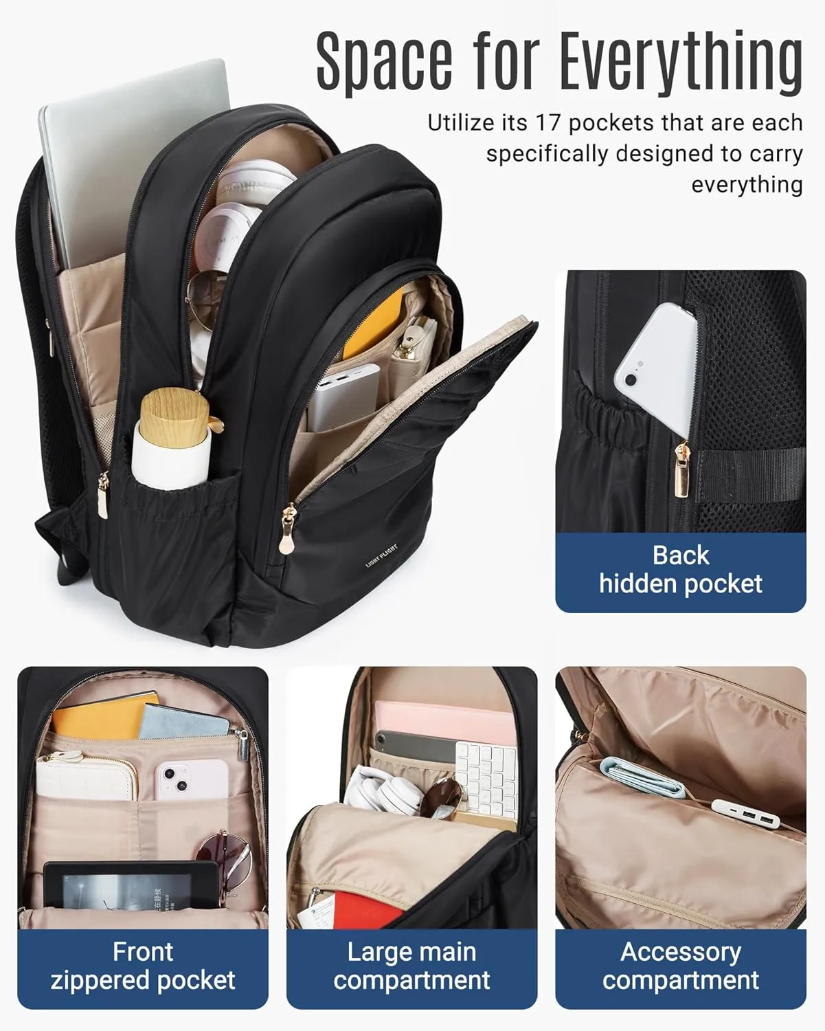 LIGHT FLIGHT 17.3" Laptop Backpack for Women, Large Black Travel Backpacks with USB Charging Hole, Water Resistant, Large Capacity, Daypack for College, Work, Casual Computer Bags