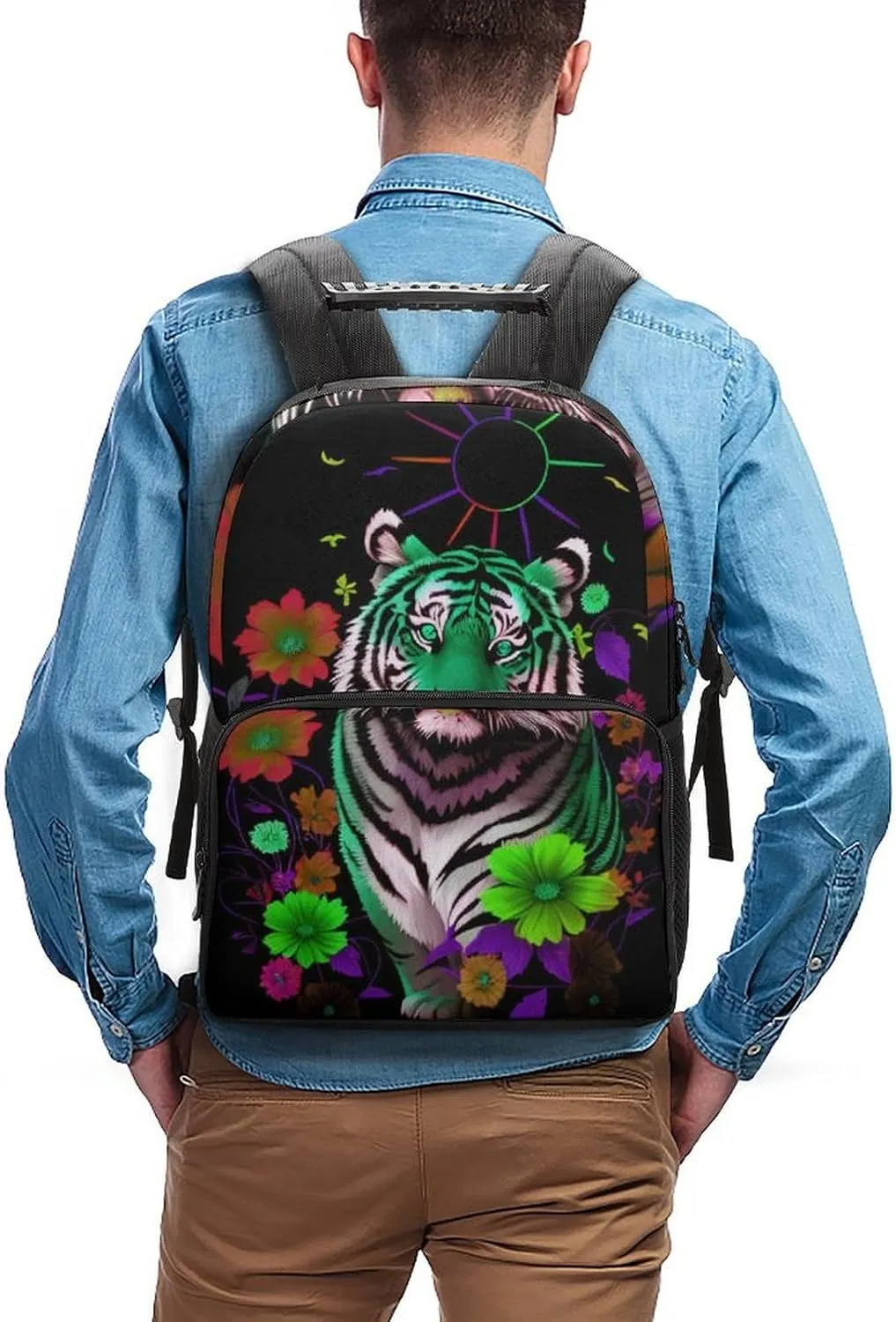Lightweight Backpack for Gym Travel Bicycle - Big Capacity Multipurpose Anti-Theft Carry On Bag, Trippy Tiger Animal Flower Art Travel Hiking Bag & Day Pack