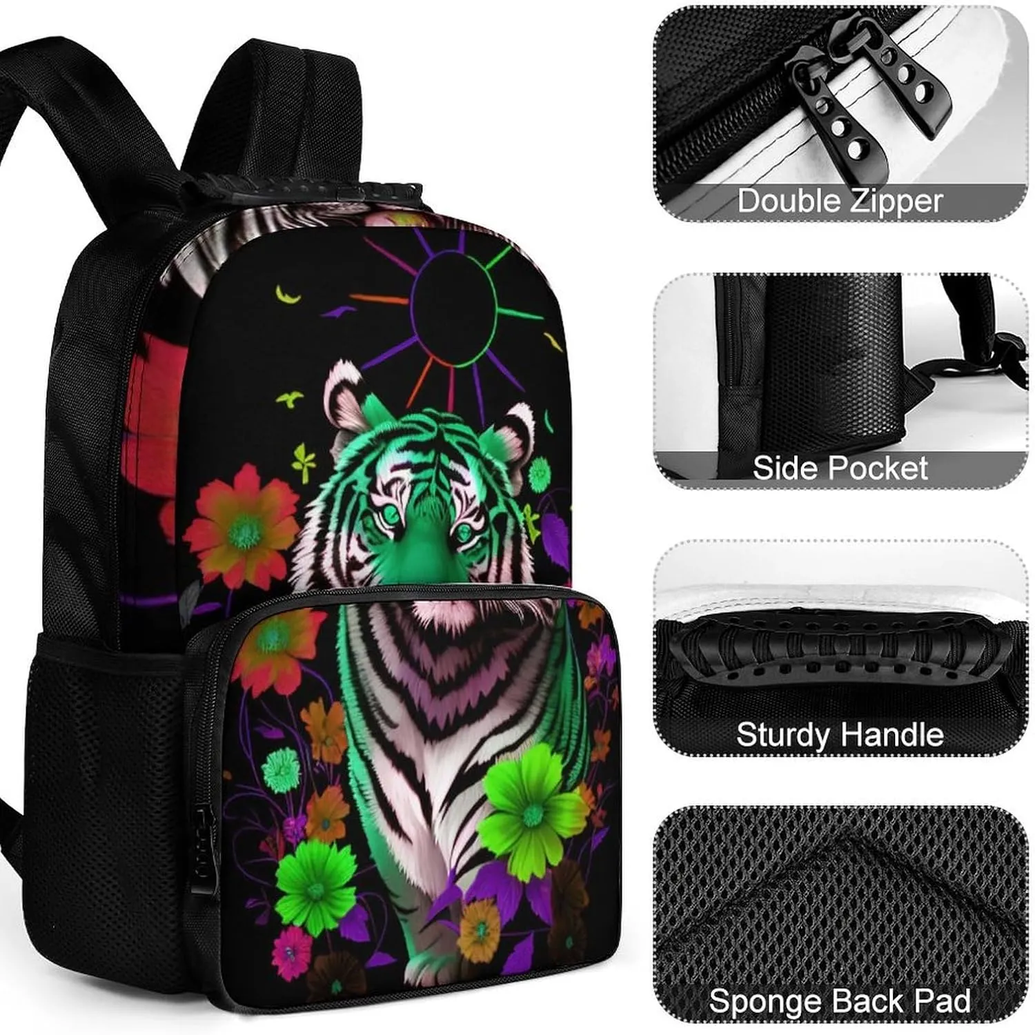 Lightweight Backpack for Gym Travel Bicycle - Big Capacity Multipurpose Anti-Theft Carry On Bag, Trippy Tiger Animal Flower Art Travel Hiking Bag & Day Pack