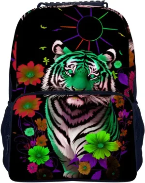 Lightweight Backpack for Gym Travel Bicycle - Big Capacity Multipurpose Anti-Theft Carry On Bag, Trippy Tiger Animal Flower Art Travel Hiking Bag & Day Pack
