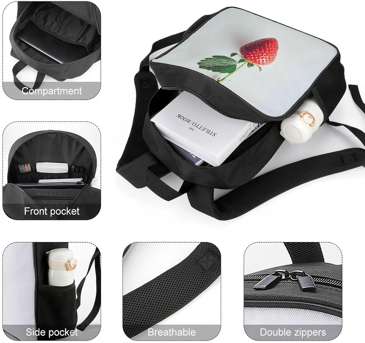 Lightweight Backpacks Cute Travel Bag Durable A Strawberry Hanging Printing Small Travel Backpack For Women & Men
