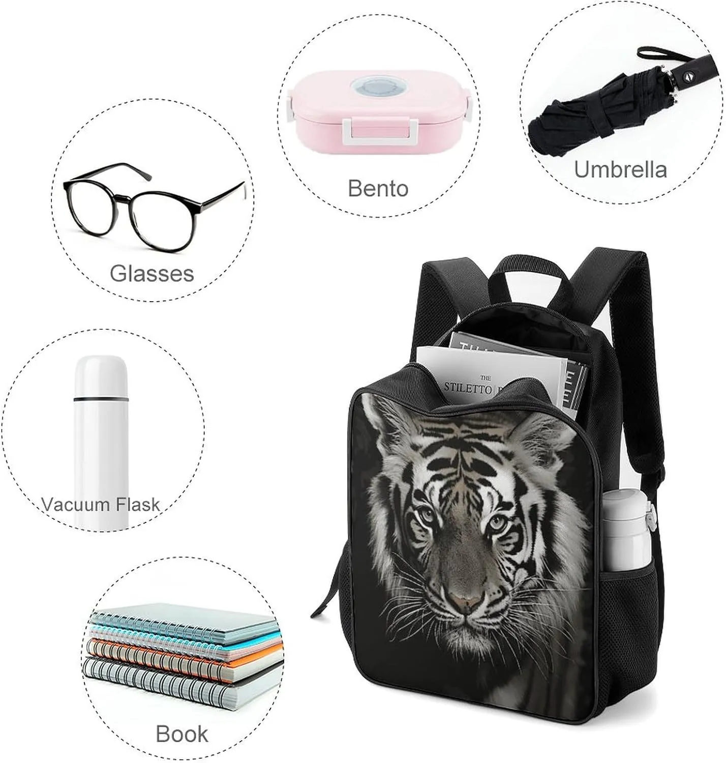 Lightweight Backpacks Cute Travel Bag Durable Black And White Tiger Printing Small Travel Backpack For Women & Men