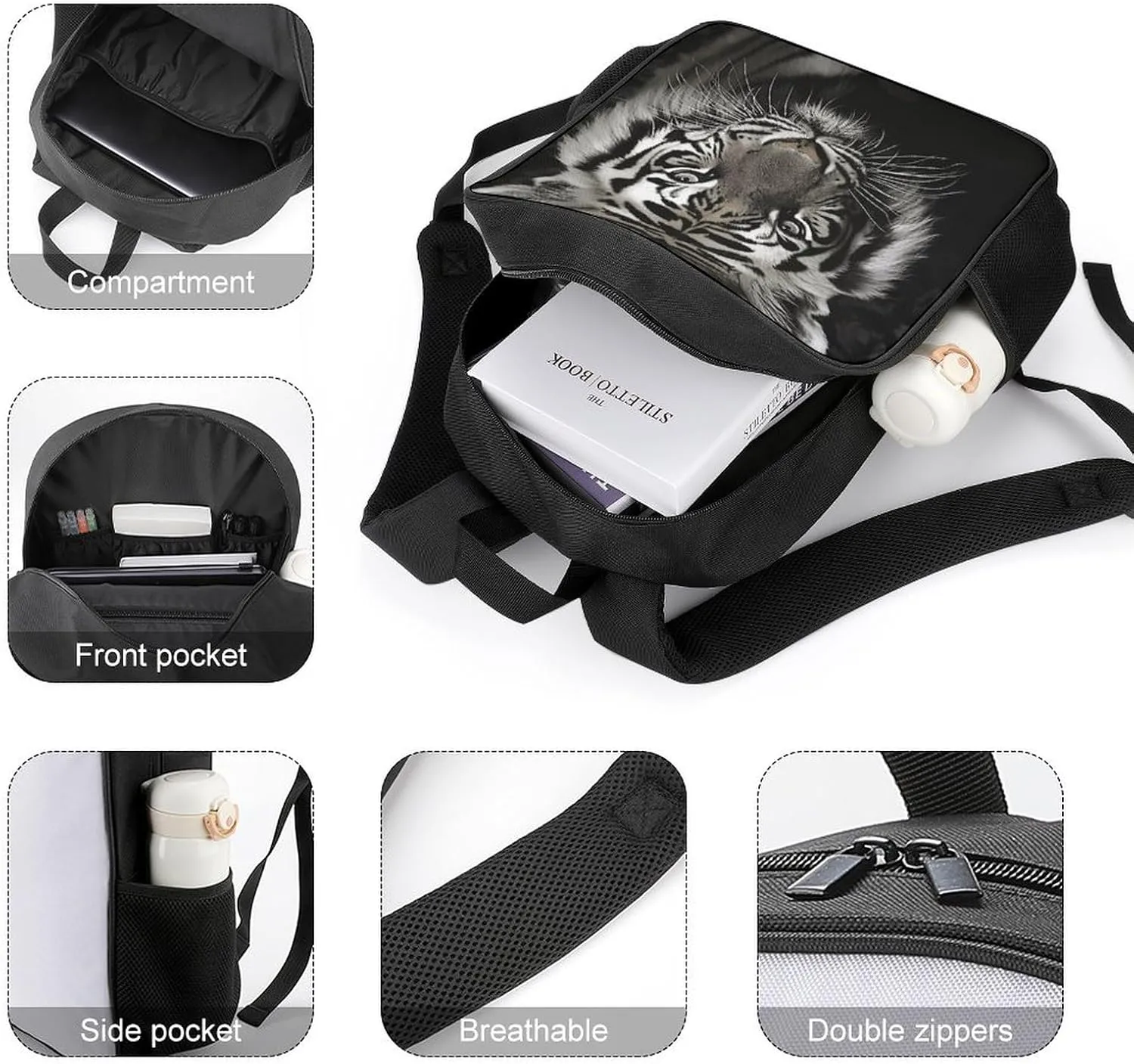 Lightweight Backpacks Cute Travel Bag Durable Black And White Tiger Printing Small Travel Backpack For Women & Men