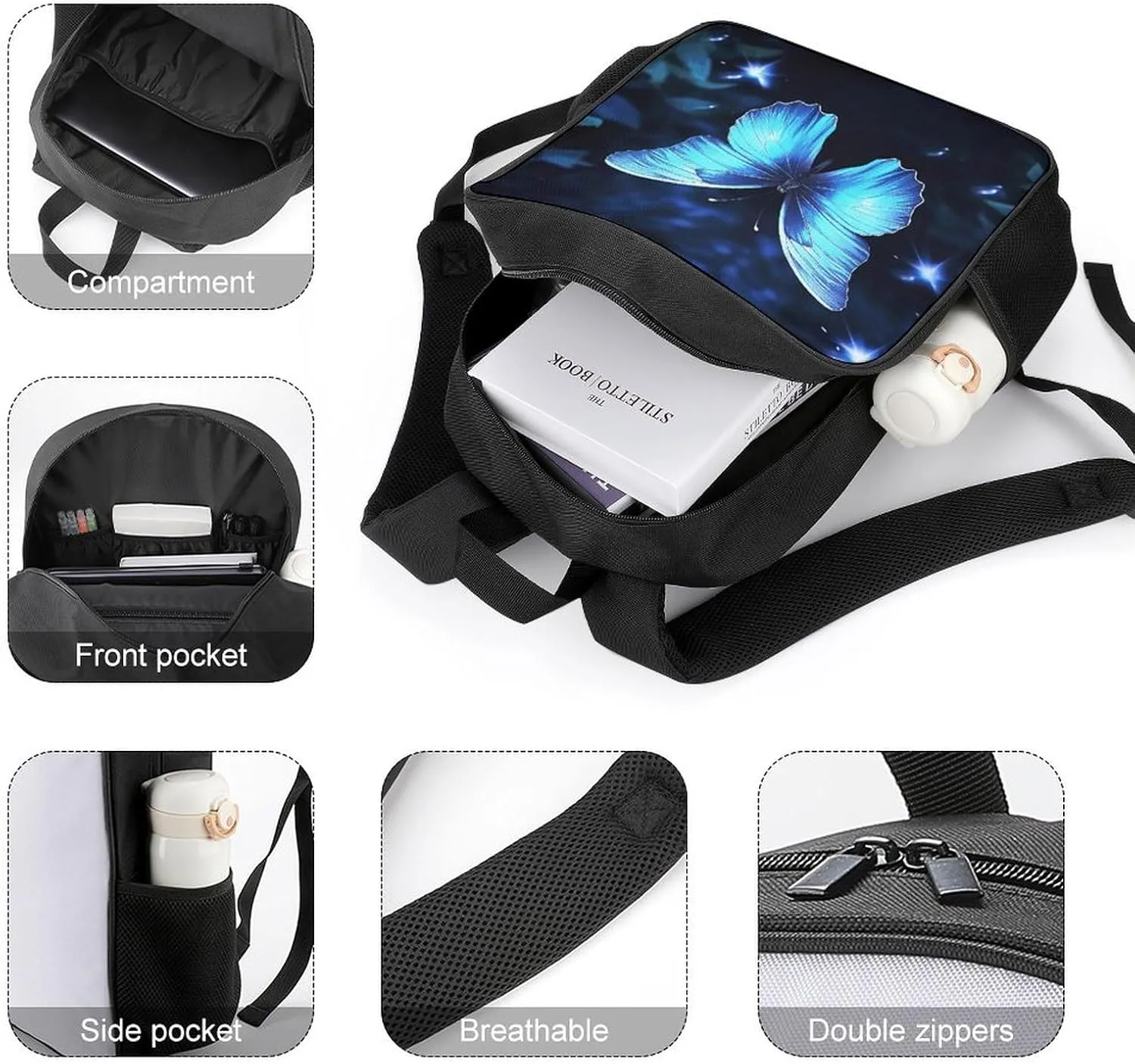 Lightweight Backpacks Cute Travel Bag Durable Blue Butterfly Printing Small Travel Backpack For Women & Men