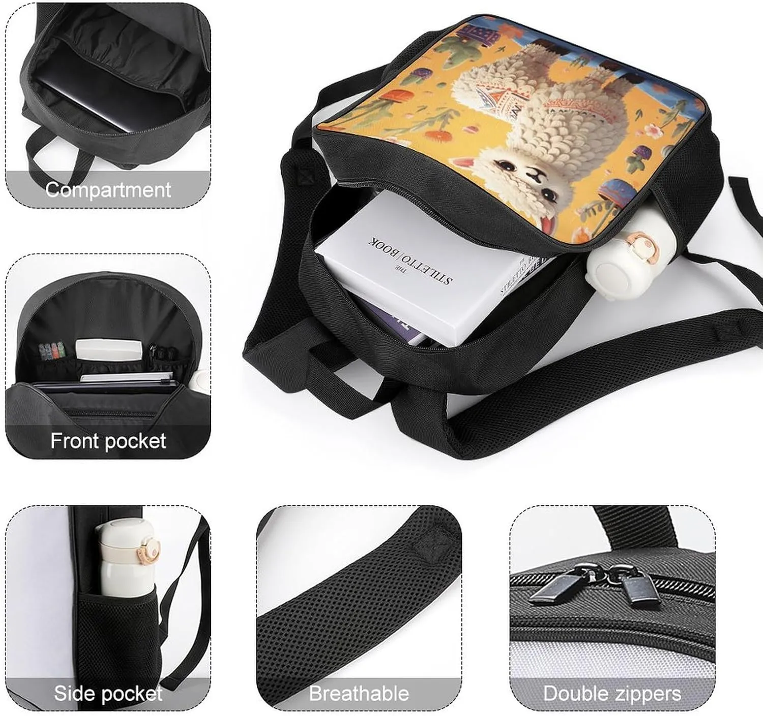 Lightweight Backpacks Cute Travel Bag Durable Cartoon Alpaca Cute Animal Printing Small Travel Backpack For Women & Men