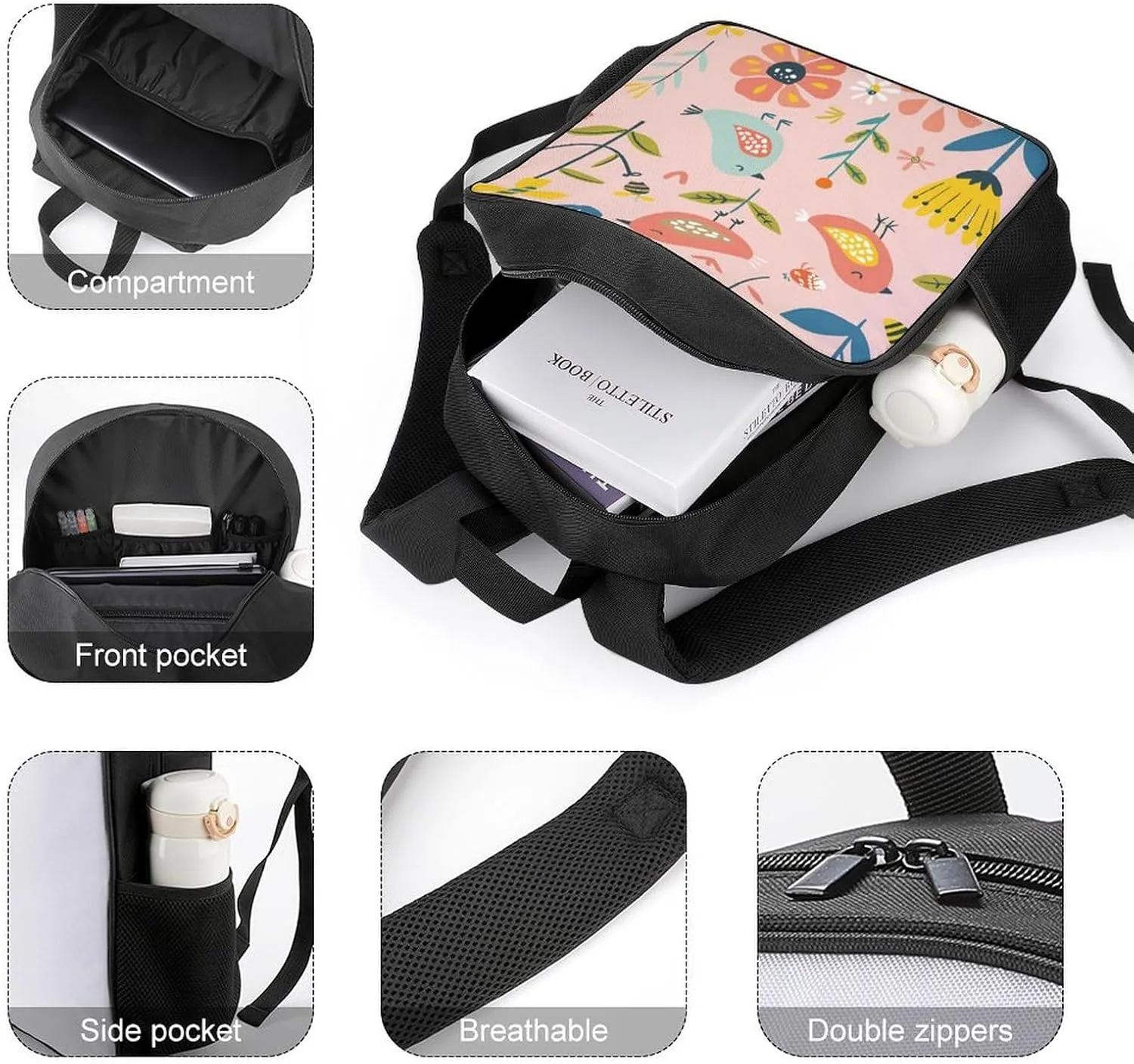 Lightweight Backpacks Cute Travel Bag Durable Cartoon Birds And Bees Printing Small Travel Backpack For Women & Men