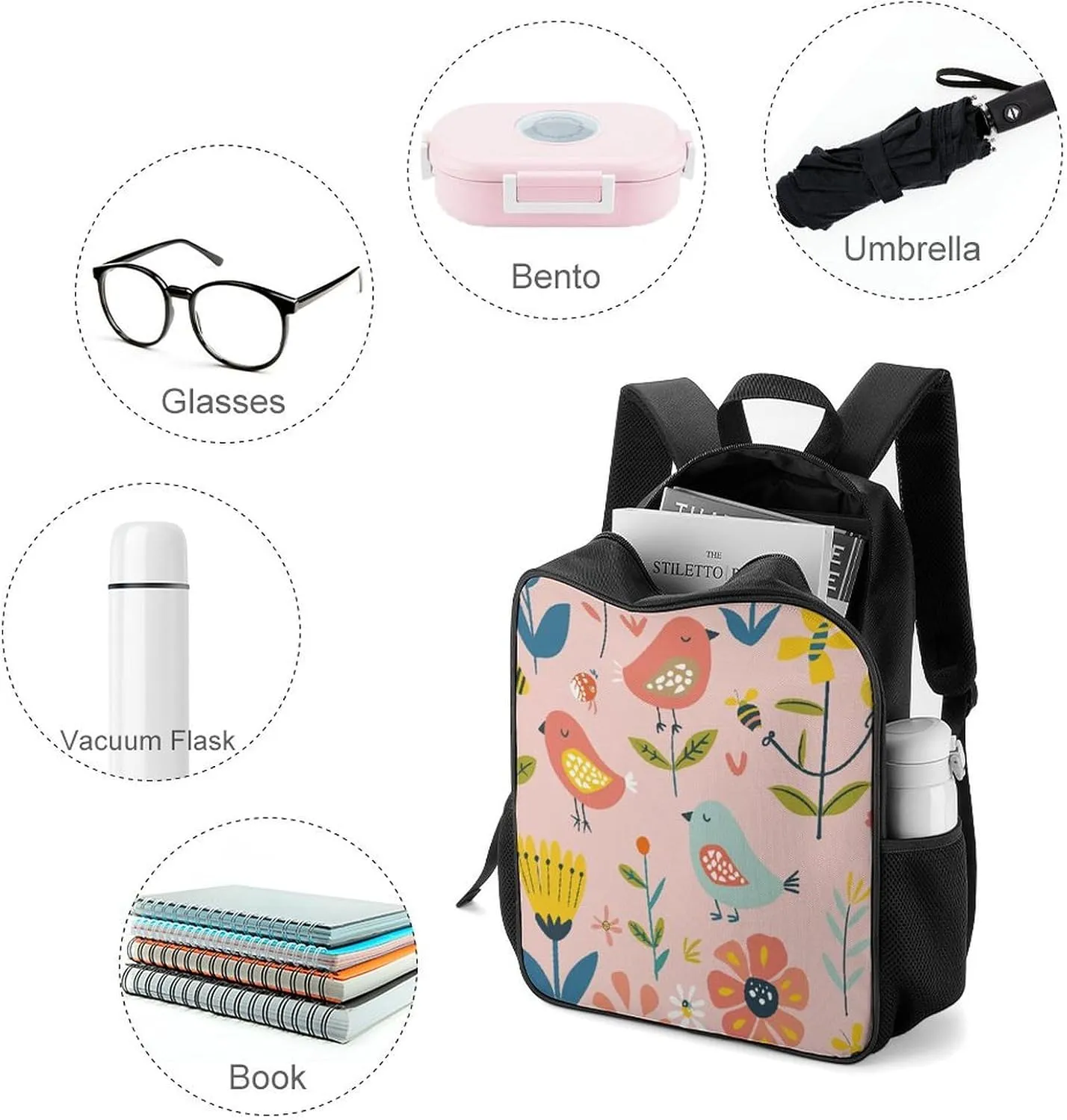 Lightweight Backpacks Cute Travel Bag Durable Cartoon Birds And Bees Printing Small Travel Backpack For Women & Men