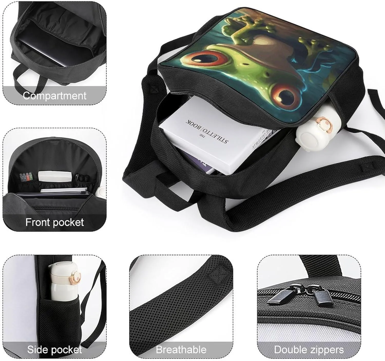 Lightweight Backpacks Cute Travel Bag Durable Cartoon Frog Printing Small Travel Backpack For Women & Men
