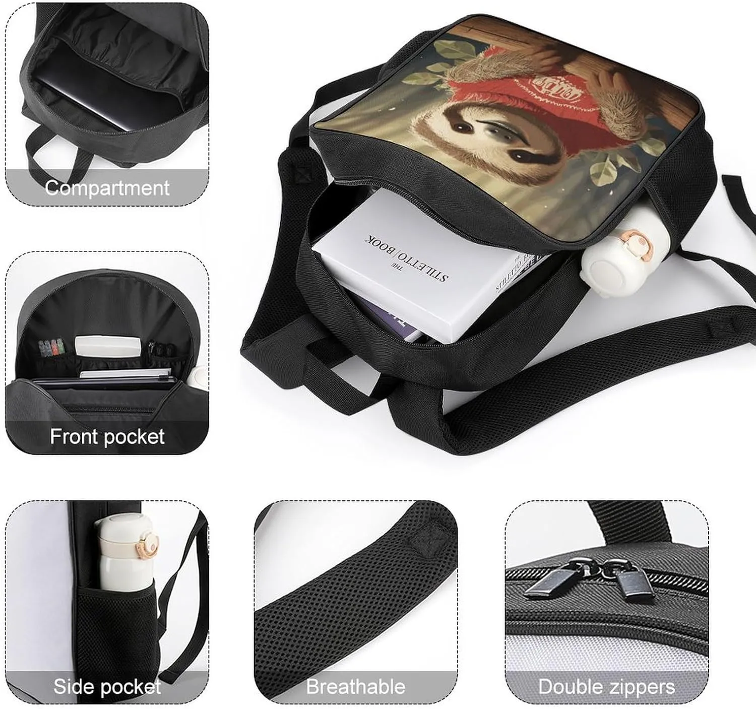 Lightweight Backpacks Cute Travel Bag Durable Cartoon Sloth Printing Small Travel Backpack For Women & Men