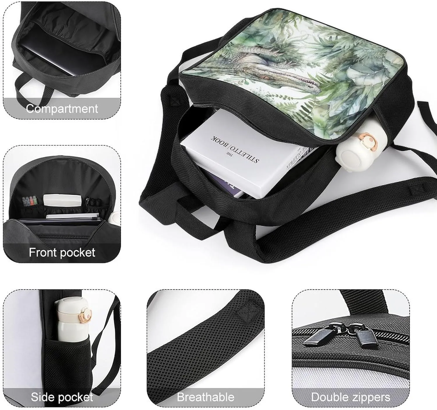 Lightweight Backpacks Cute Travel Bag Durable Crocodile Green Printing Small Travel Backpack For Women & Men