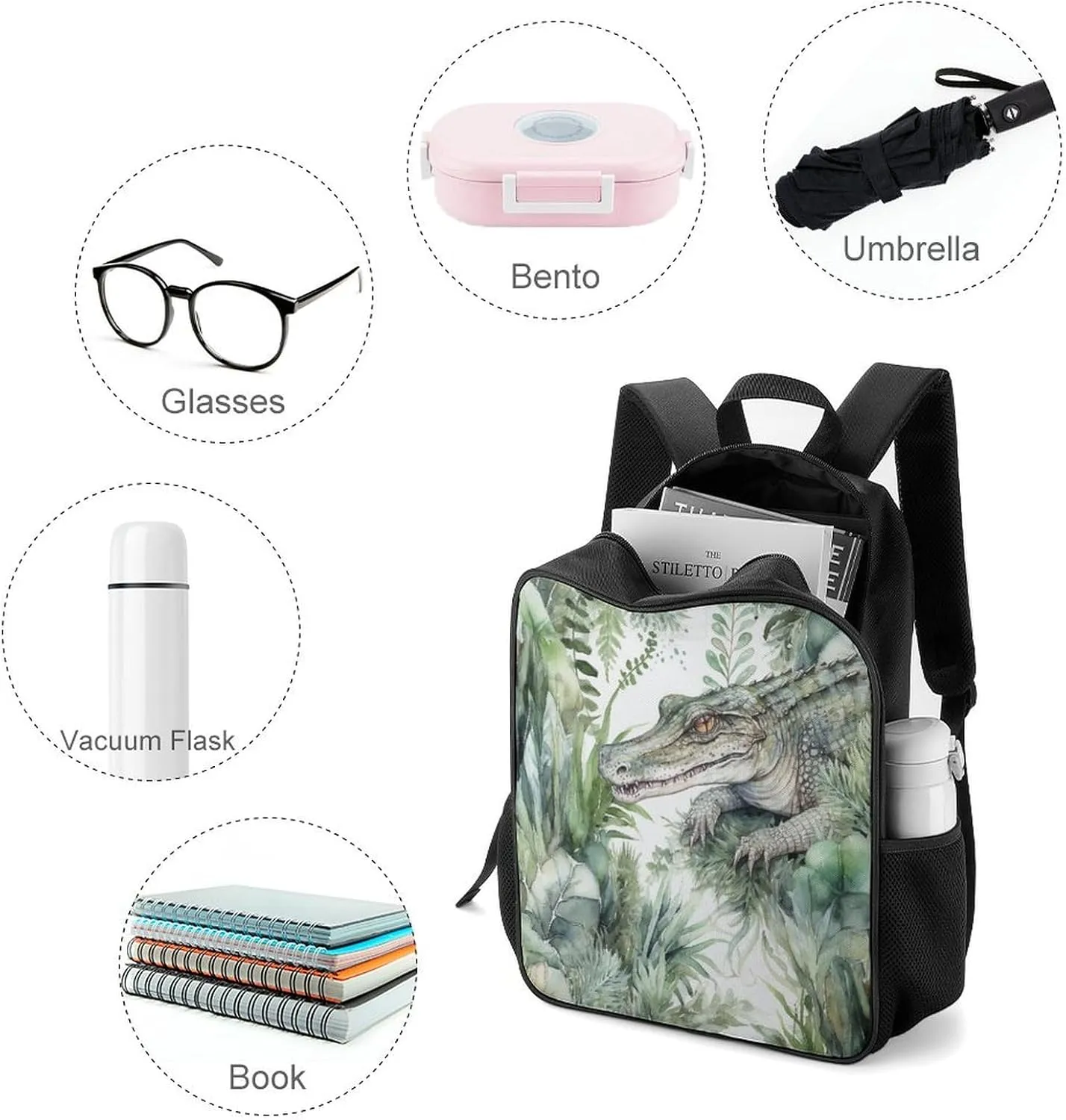 Lightweight Backpacks Cute Travel Bag Durable Crocodile Green Printing Small Travel Backpack For Women & Men