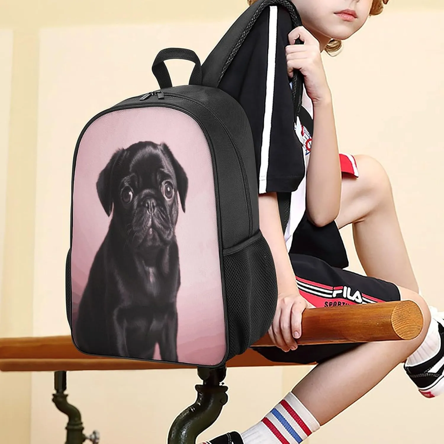 Lightweight Backpacks Cute Travel Bag Durable Cute Black Pug Printing Small Travel Backpack For Women & Men
