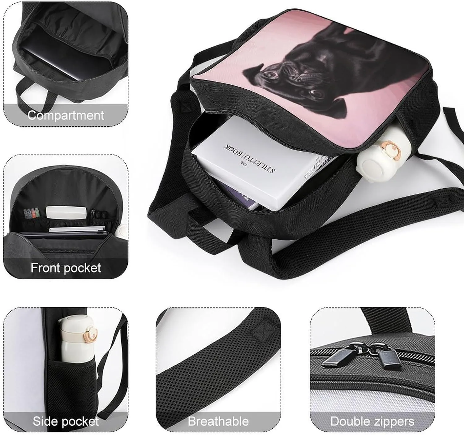 Lightweight Backpacks Cute Travel Bag Durable Cute Black Pug Printing Small Travel Backpack For Women & Men