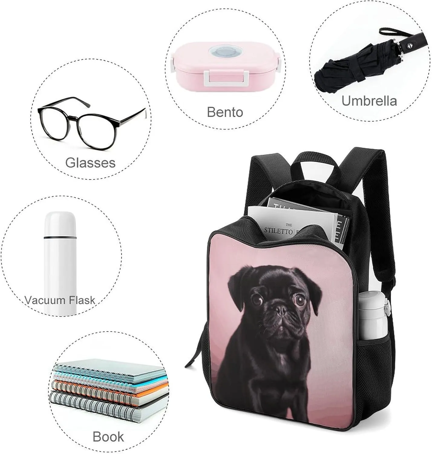 Lightweight Backpacks Cute Travel Bag Durable Cute Black Pug Printing Small Travel Backpack For Women & Men