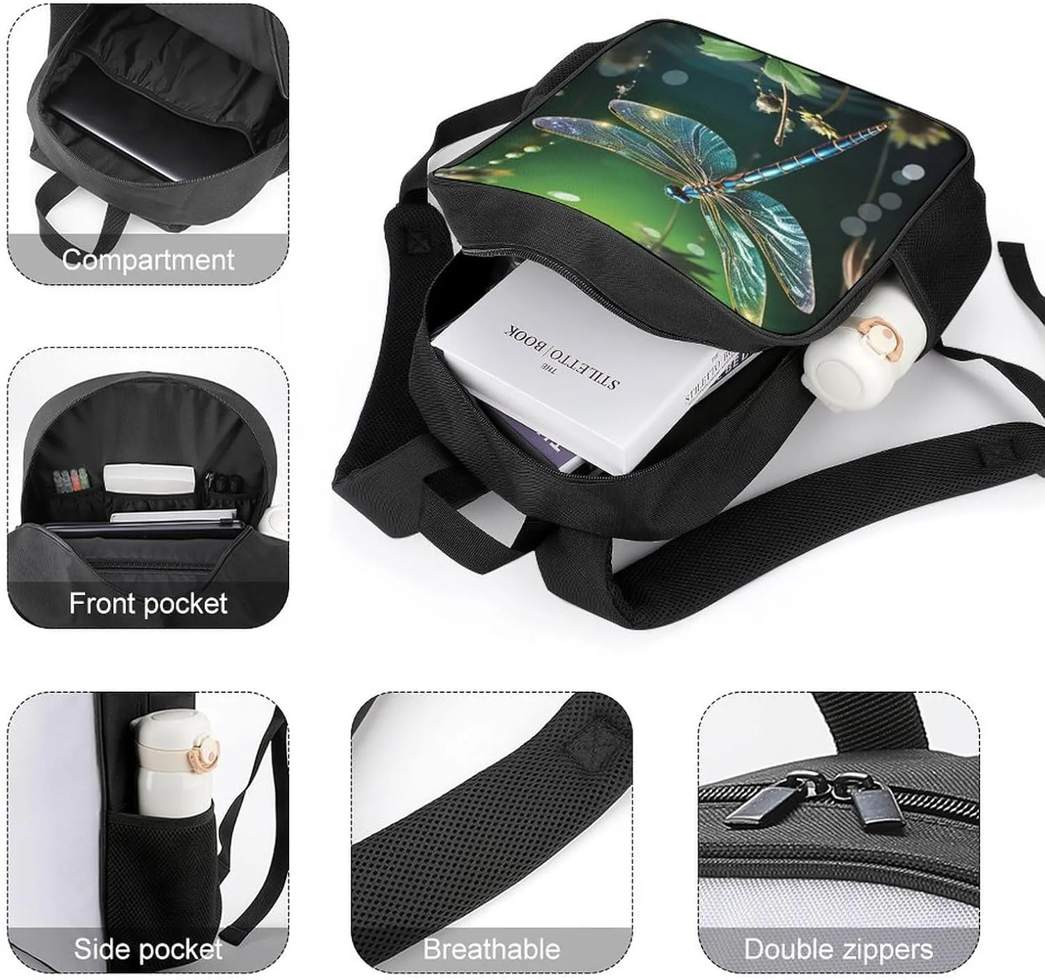Lightweight Backpacks Cute Travel Bag Durable Dragonfly Green Printing Small Travel Backpack For Women & Men