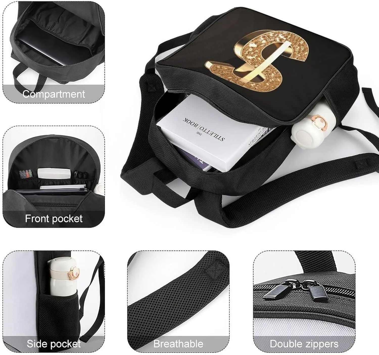Lightweight Backpacks Cute Travel Bag Durable Gold Dollar Sign Printing Small Travel Backpack For Women & Men