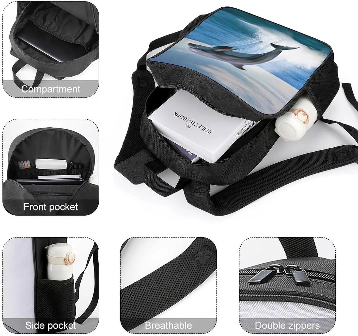 Lightweight Backpacks Cute Travel Bag Durable Jumping Up Dolphins Printing Small Travel Backpack For Women & Men