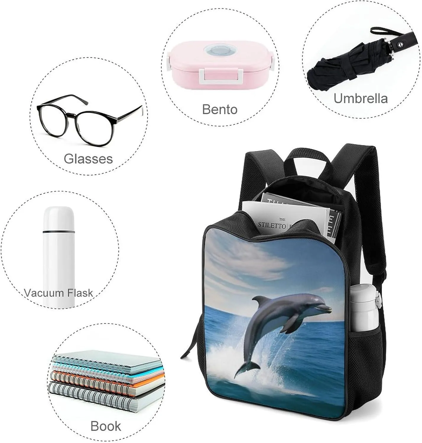 Lightweight Backpacks Cute Travel Bag Durable Jumping Up Dolphins Printing Small Travel Backpack For Women & Men