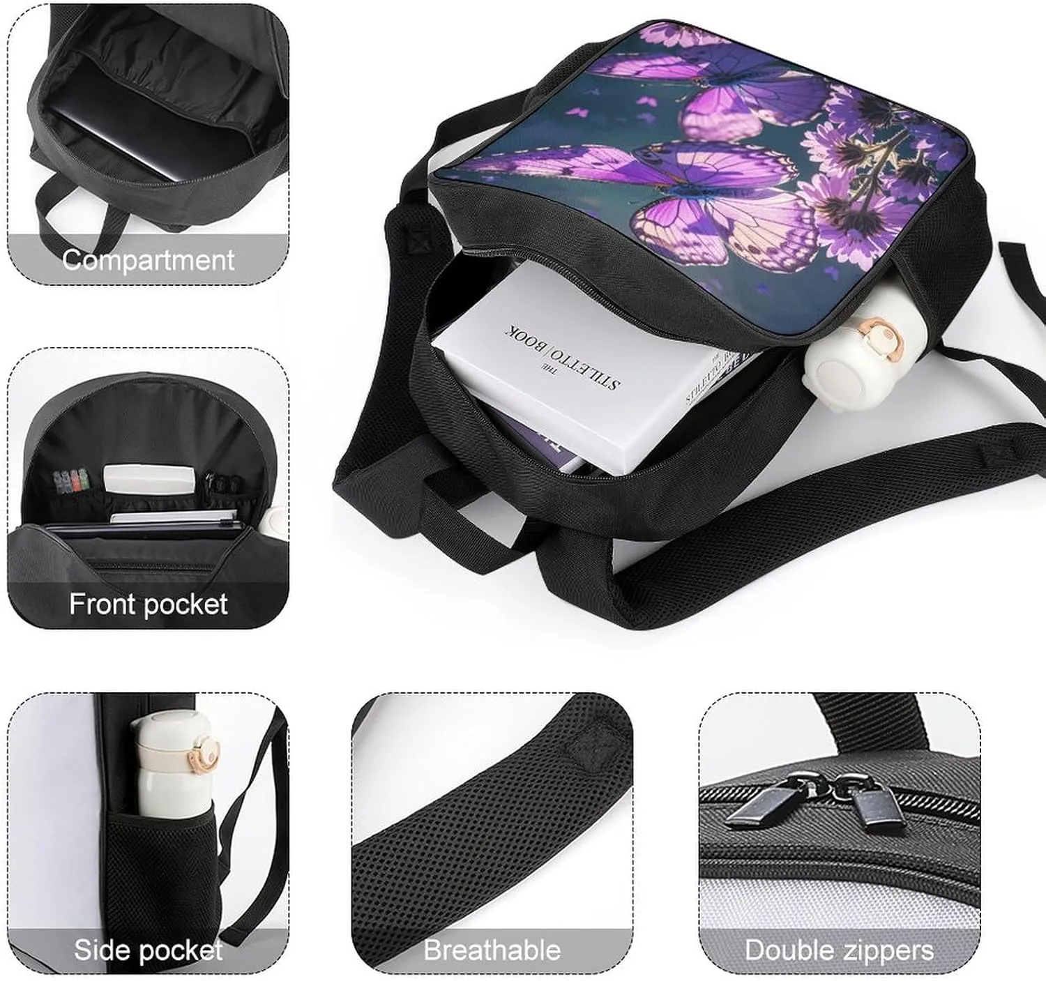Lightweight Backpacks Cute Travel Bag Durable Lovely Purple Butterflys Printing Small Travel Backpack For Women & Men