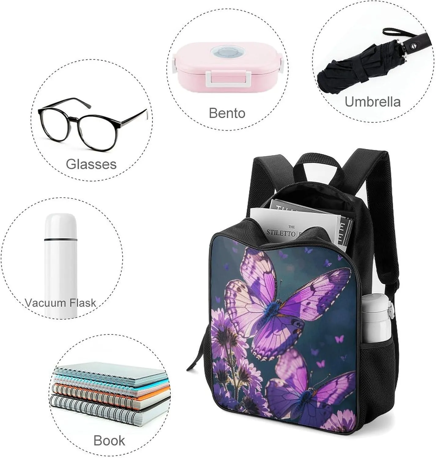 Lightweight Backpacks Cute Travel Bag Durable Lovely Purple Butterflys Printing Small Travel Backpack For Women & Men