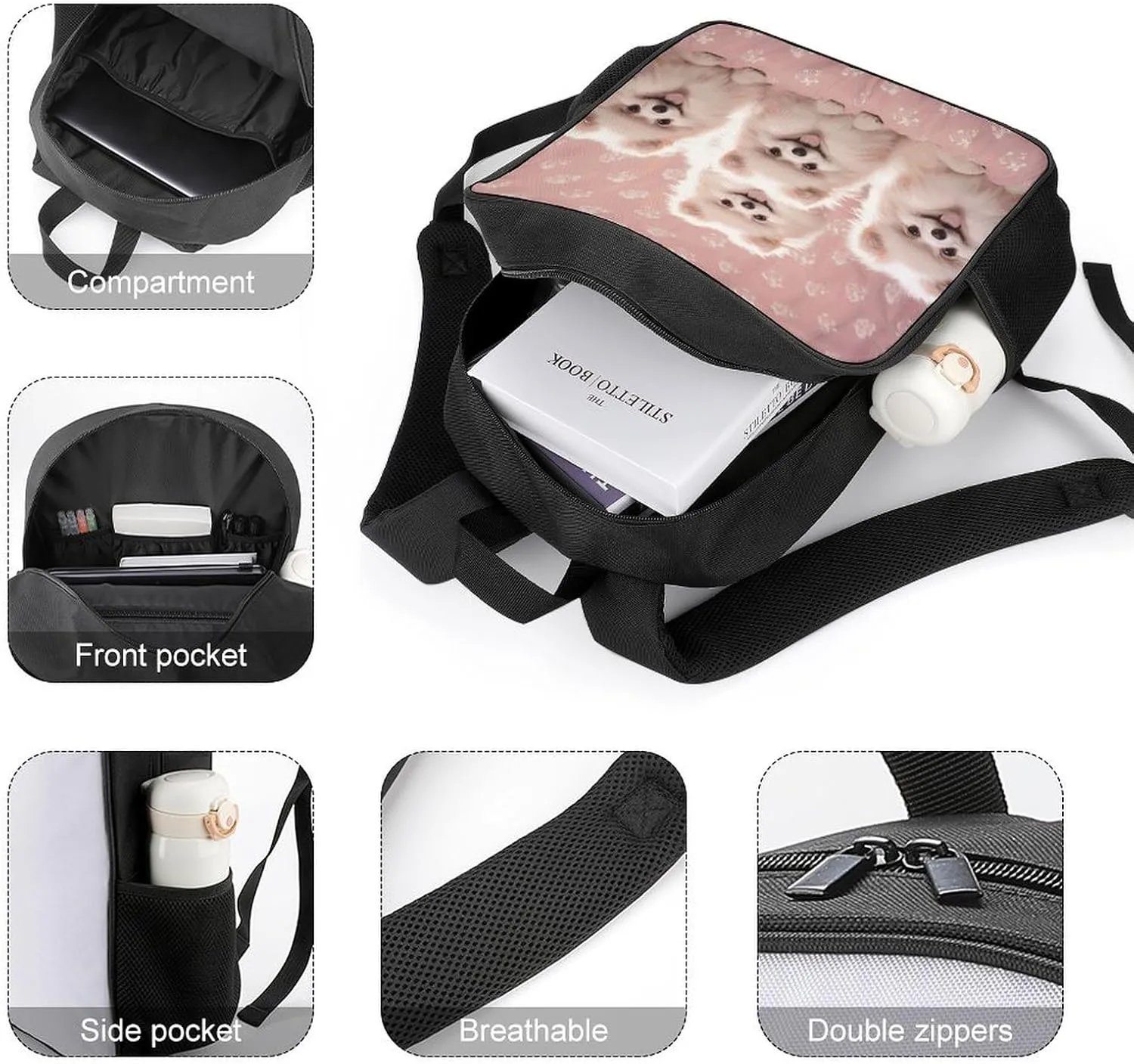 Lightweight Backpacks Cute Travel Bag Durable Pomeranians Puppies Printing Small Travel Backpack For Women & Men