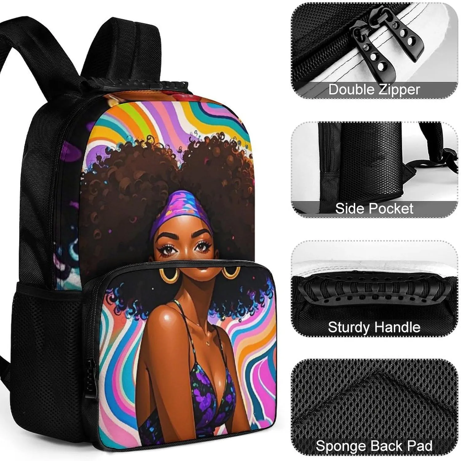 Lightweight Daypack Backpack for Trekking Work Running - Big Capacity Multipurpose Anti-Theft Bookbag, Chic Cartoon Black Woman African American Woman Art Business Computer Bag
