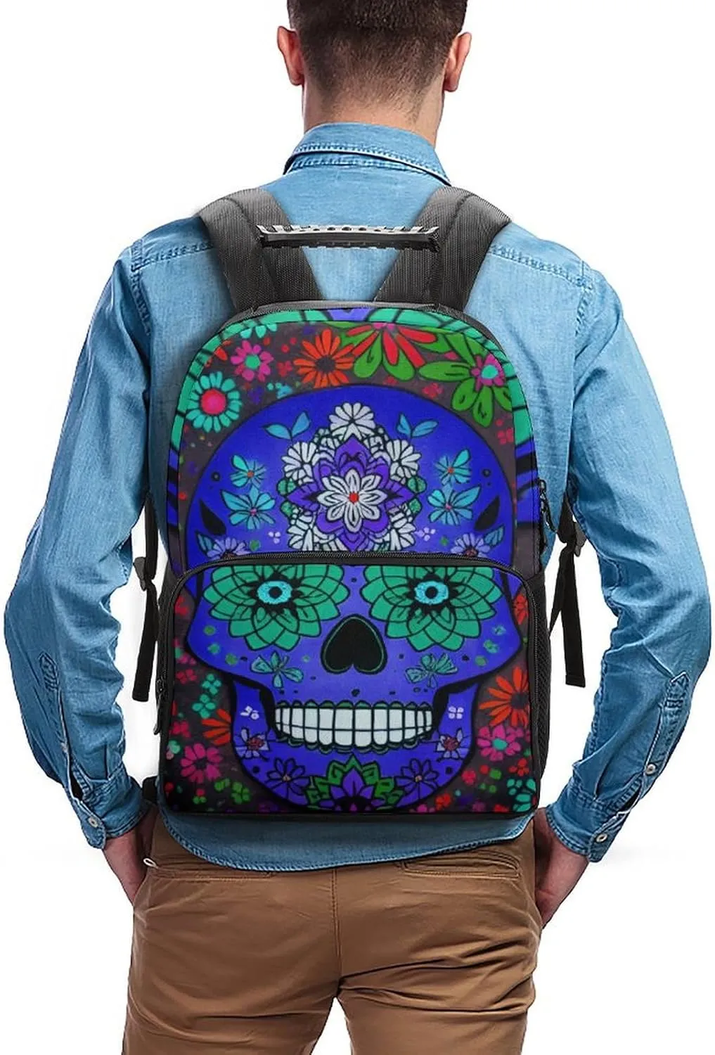 Lightweight Daypack Backpack for Trekking Work Running - Big Capacity Multipurpose Anti-Theft Bookbag, Grunge Mexican Sugar Skulls Day Of The Dead Flowers Art Business Computer Bag