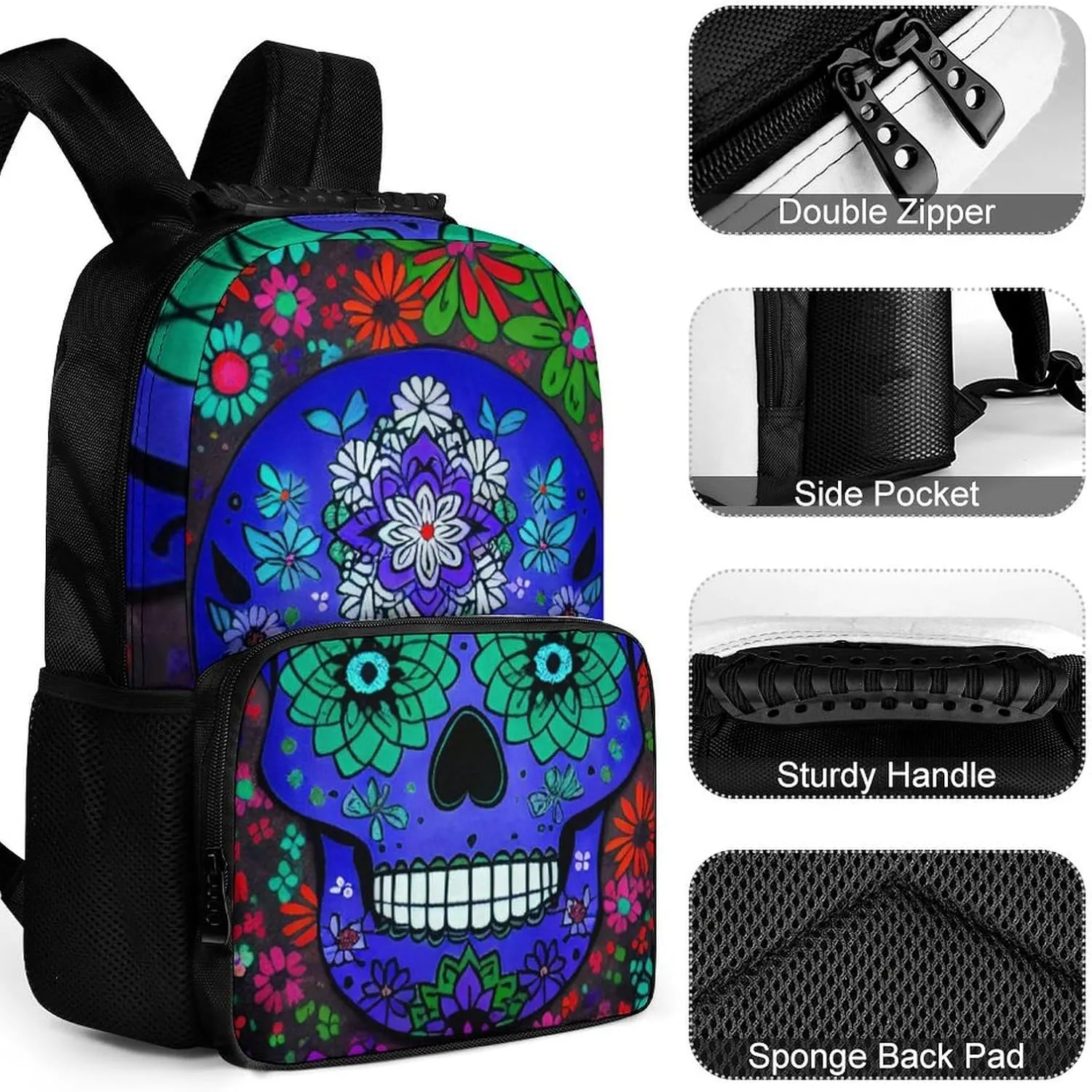 Lightweight Daypack Backpack for Trekking Work Running - Big Capacity Multipurpose Anti-Theft Bookbag, Grunge Mexican Sugar Skulls Day Of The Dead Flowers Art Business Computer Bag
