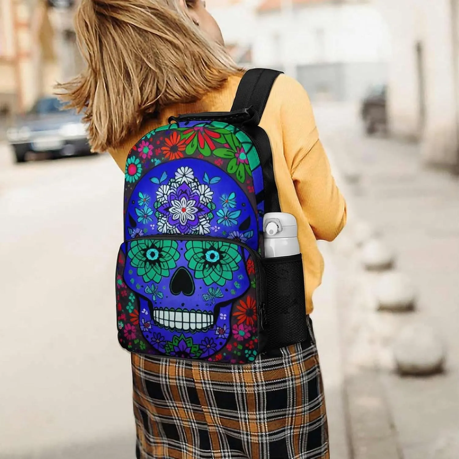 Lightweight Daypack Backpack for Trekking Work Running - Big Capacity Multipurpose Anti-Theft Bookbag, Grunge Mexican Sugar Skulls Day Of The Dead Flowers Art Business Computer Bag