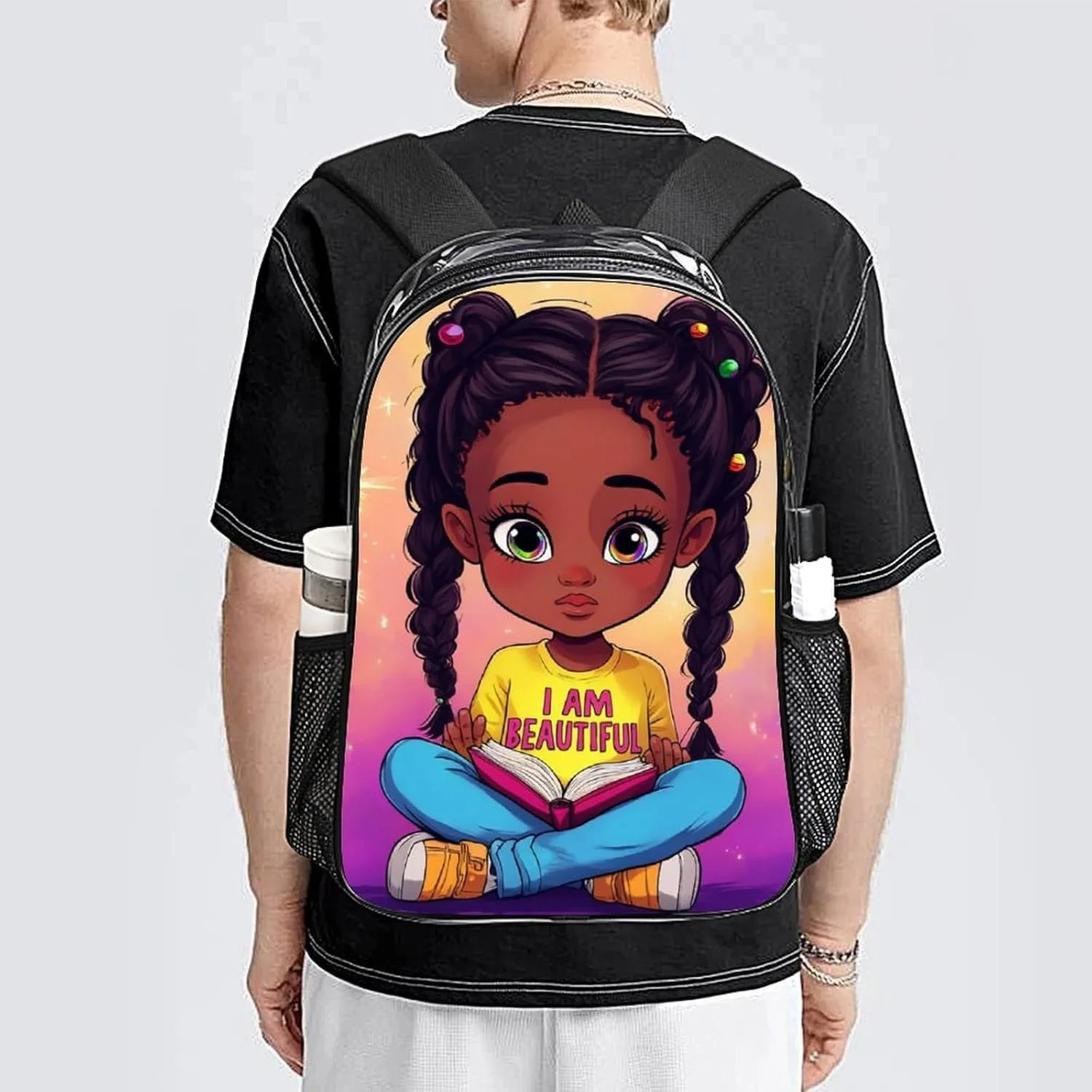 Lightweight Daypack Bookbag for Trekking Business Walking Cycling - Big Capacity Transparent Multipurpose Carry On Bag, African American Black woman Book Art Business Computer Bag