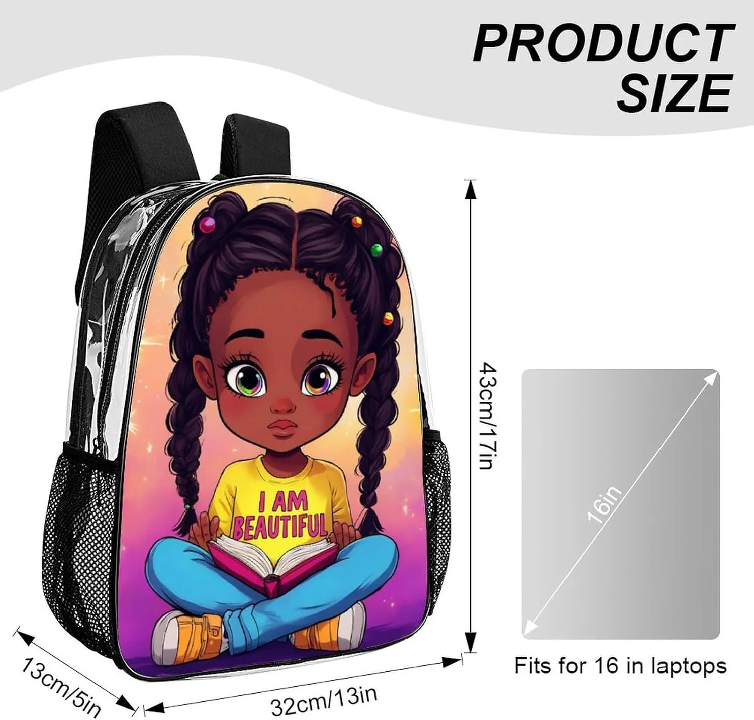 Lightweight Daypack Bookbag for Trekking Business Walking Cycling - Big Capacity Transparent Multipurpose Carry On Bag, African American Black woman Book Art Business Computer Bag