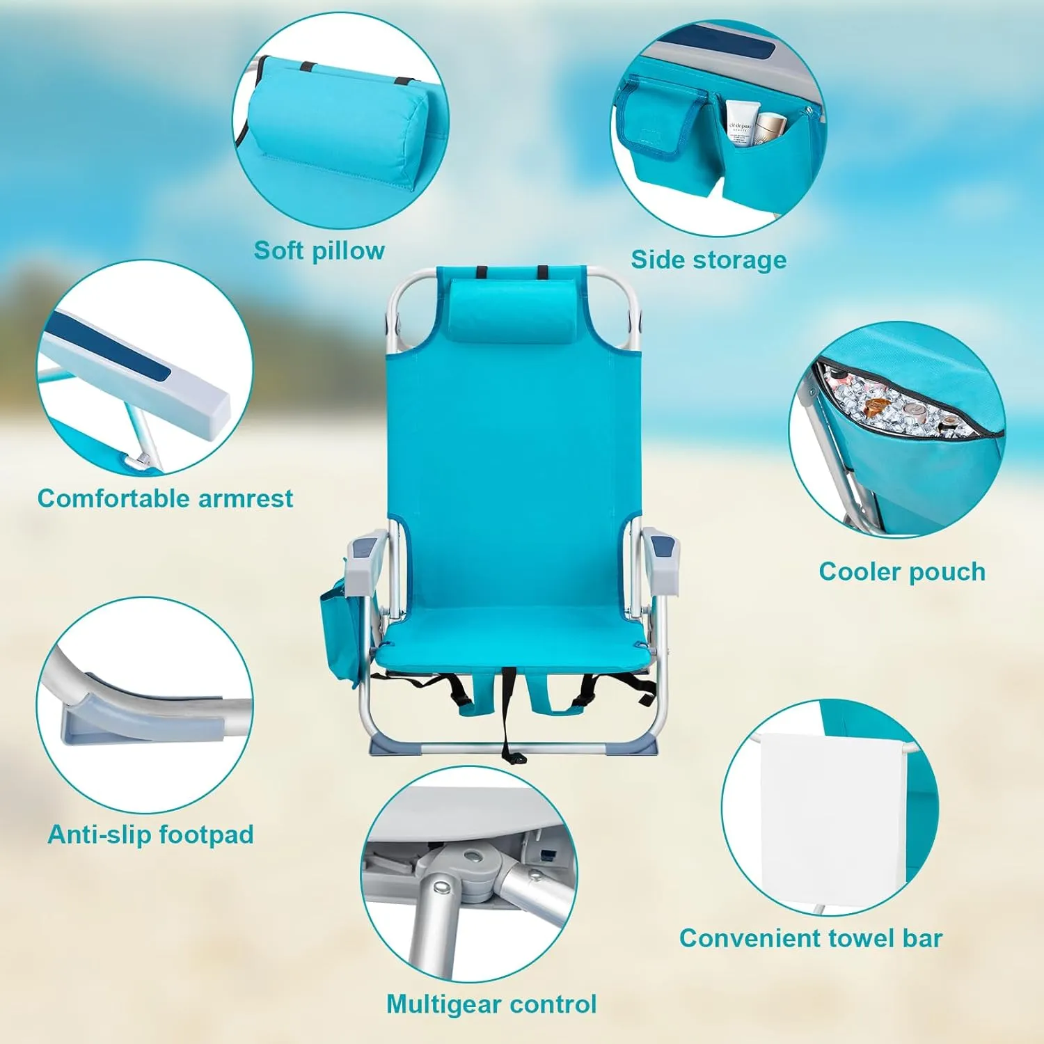 Lightweight Folding Beach Chairs for Adults - Cup Holder, Padded Headrest, Towel Bar, Cooler Pouch and Side Bags for Beach Poolside Lawn Picnics Outdoor Adventures, Mint Green