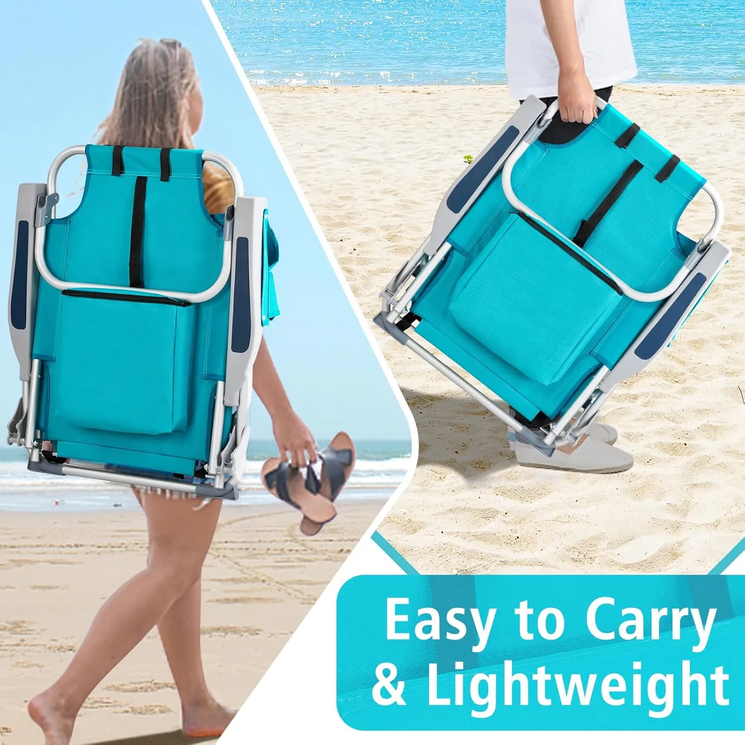 Lightweight Folding Beach Chairs for Adults - Cup Holder, Padded Headrest, Towel Bar, Cooler Pouch and Side Bags for Beach Poolside Lawn Picnics Outdoor Adventures, Mint Green