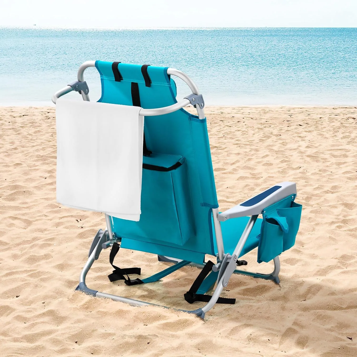 Lightweight Folding Beach Chairs for Adults - Cup Holder, Padded Headrest, Towel Bar, Cooler Pouch and Side Bags for Beach Poolside Lawn Picnics Outdoor Adventures, Mint Green