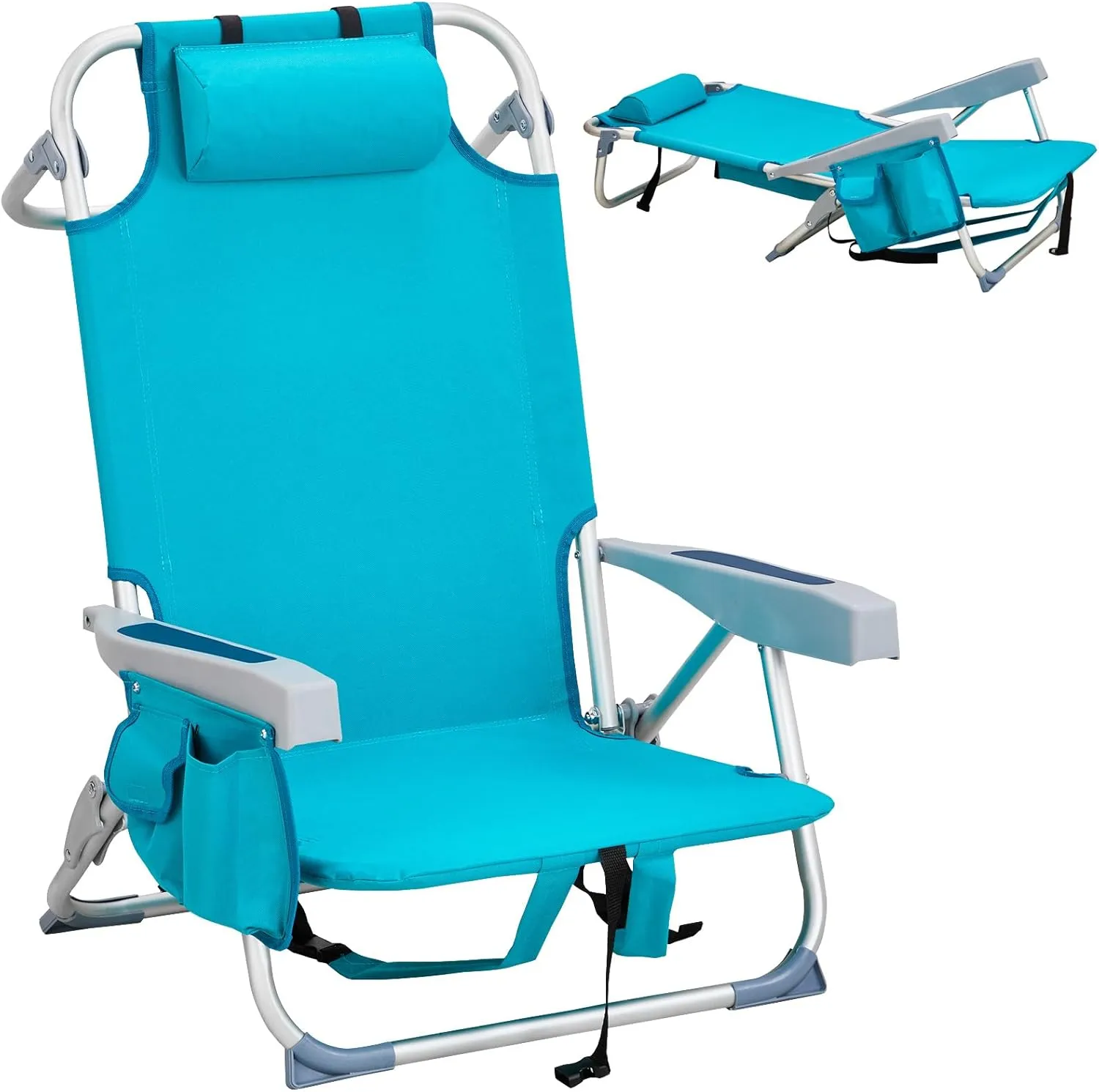 Lightweight Folding Beach Chairs for Adults - Cup Holder, Padded Headrest, Towel Bar, Cooler Pouch and Side Bags for Beach Poolside Lawn Picnics Outdoor Adventures, Mint Green