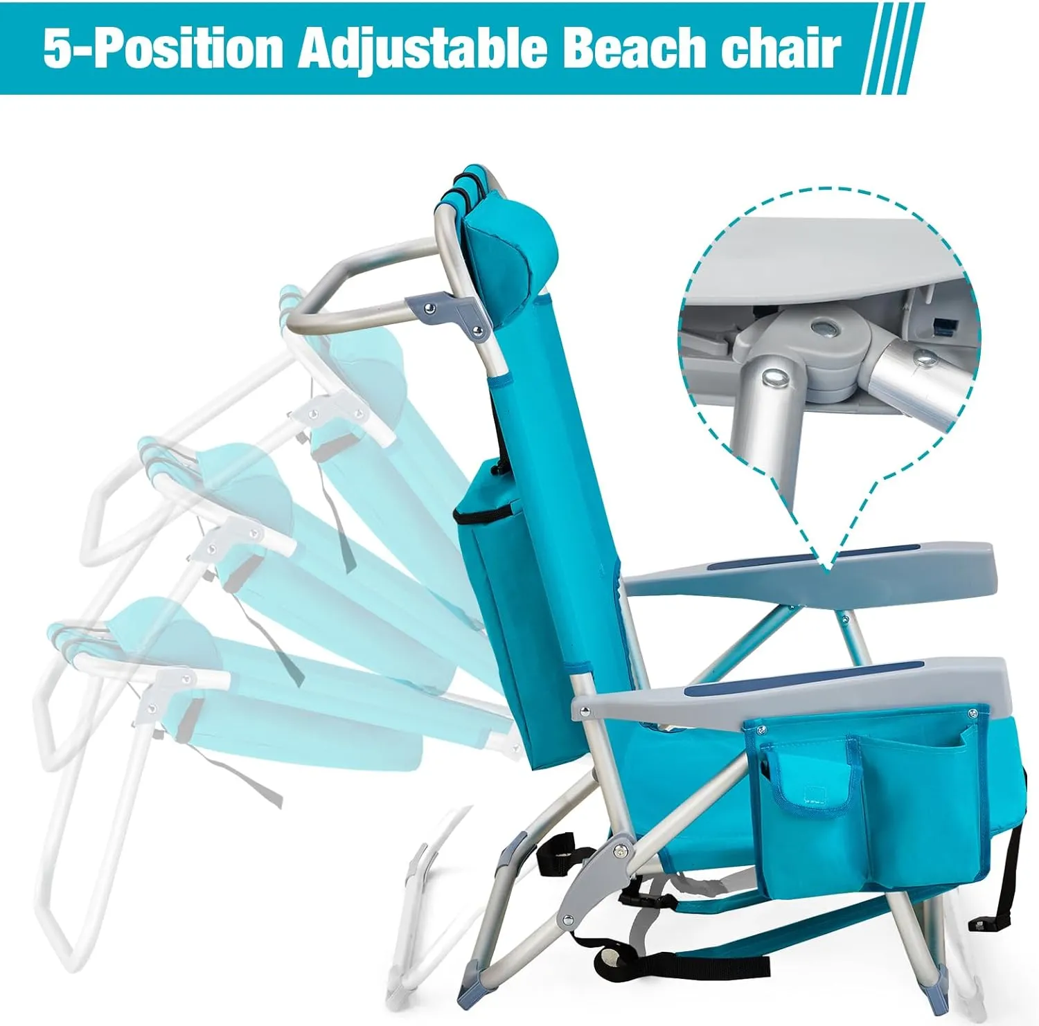 Lightweight Folding Beach Chairs for Adults - Cup Holder, Padded Headrest, Towel Bar, Cooler Pouch and Side Bags for Beach Poolside Lawn Picnics Outdoor Adventures, Mint Green