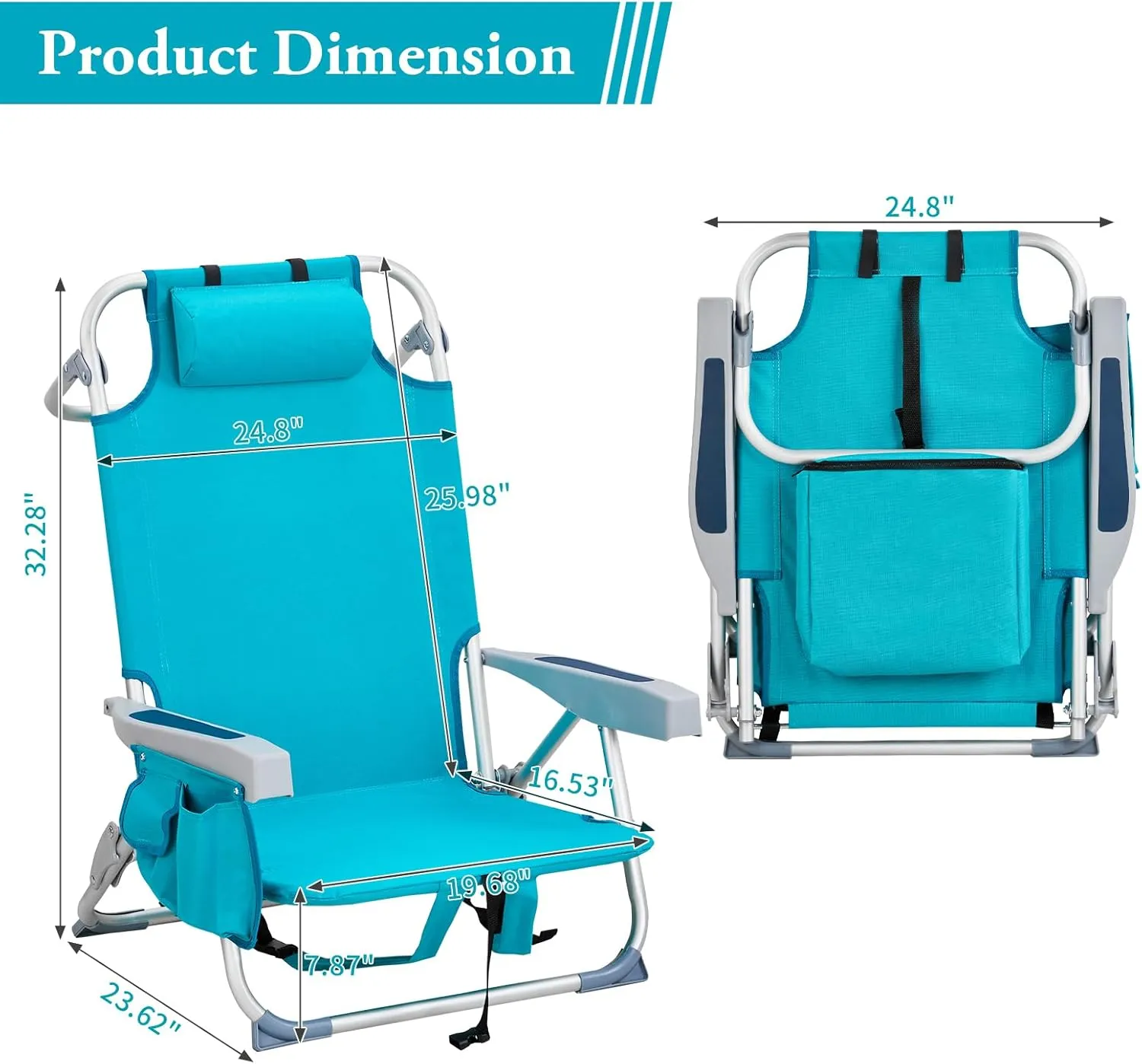 Lightweight Folding Beach Chairs for Adults - Cup Holder, Padded Headrest, Towel Bar, Cooler Pouch and Side Bags for Beach Poolside Lawn Picnics Outdoor Adventures, Mint Green