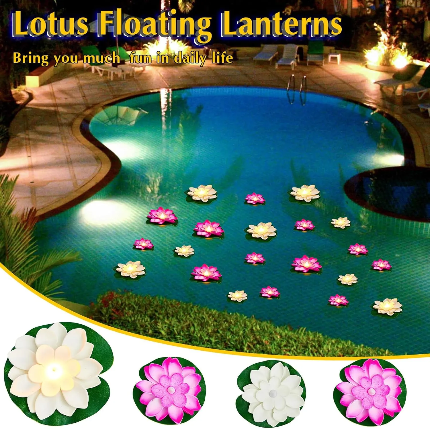 Liliful 24 Pcs Pool Floating Lights, Artificial Flowers Lifelike Lotus with LED, Battery Operated Lily Pads Water Lantern for Decor(3.94 Inch, 5.91 Inch,White, Pink)